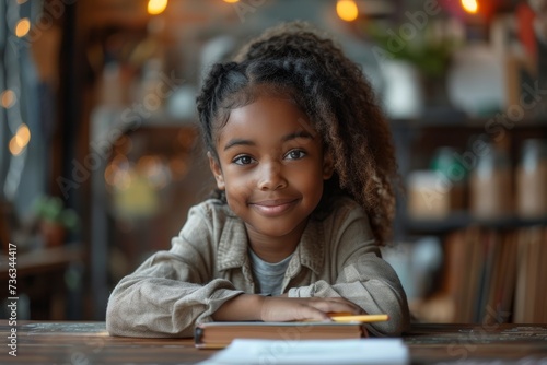 A young girl with a bright smile sits at a table indoors, surrounded by books and furniture, exuding warmth and joy