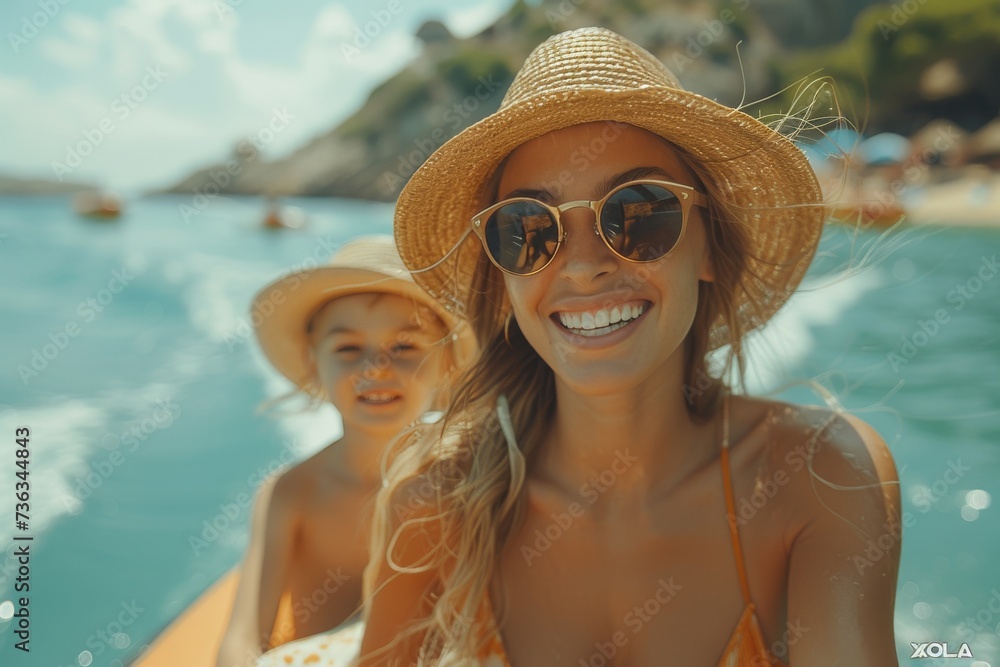 A stylish woman and her happy child enjoy a sunny day on the water, donning fashionable swimwear, sunglasses, and a sun hat for their fun beach vacation