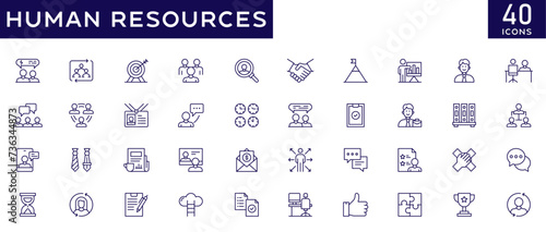 Human Resource icon set with fully editable stroke thin line vector illustration with recruitment, management, company, office, business, employment, HR, performance, resume, job news, strategy, team