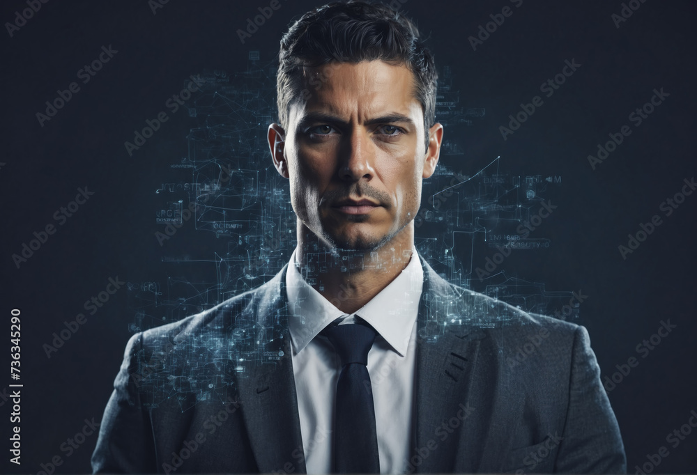 Double exposure portrait of confident young businessman with graphs. AI generated Double exposure portrait of confident young businessman with graphs. AI generated
