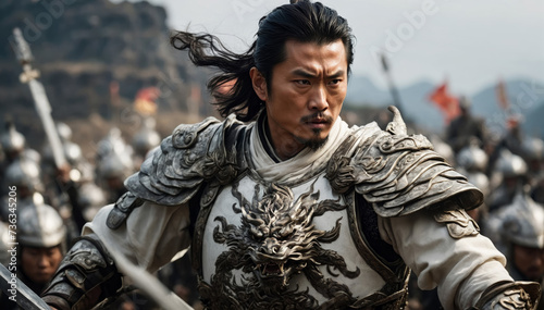 Chinese handsome general dressed in metal armor. AI generated