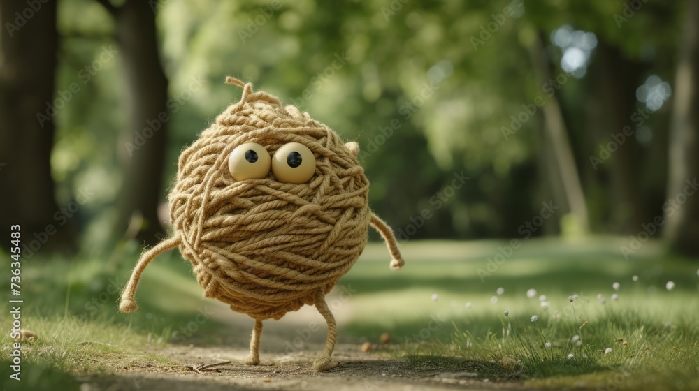 a tan ball of jumbled and bunchy yarn as a fictional character with arms and legs and eyes walking in a park 