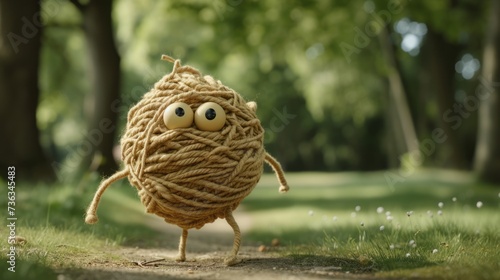 a tan ball of jumbled and bunchy yarn as a fictional character with arms and legs and eyes walking in a park  photo