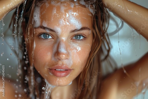 A woman's serene shower time interrupted by soapy water dripping down her face, her eyelashes fluttering against her skin as she gazes into the mirror with a girl-like innocence and a portrait-worthy