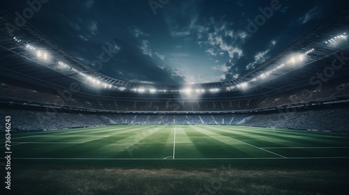 Amazing soccer stadium with bright lights and green field at night for championship game