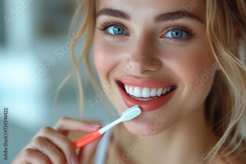 A woman's bright smile radiates with confidence and cleanliness as she diligently brushes her teeth with a red lipstick-adorned toothbrush, her eyelashes fluttering with each stroke, showcasing the i