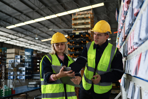 Fotografie Blue-collar workers work at the KANBAN 
 delivery board at the warehouse