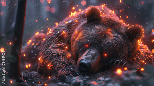 Steampunk bear hibernating with neon lights in cave