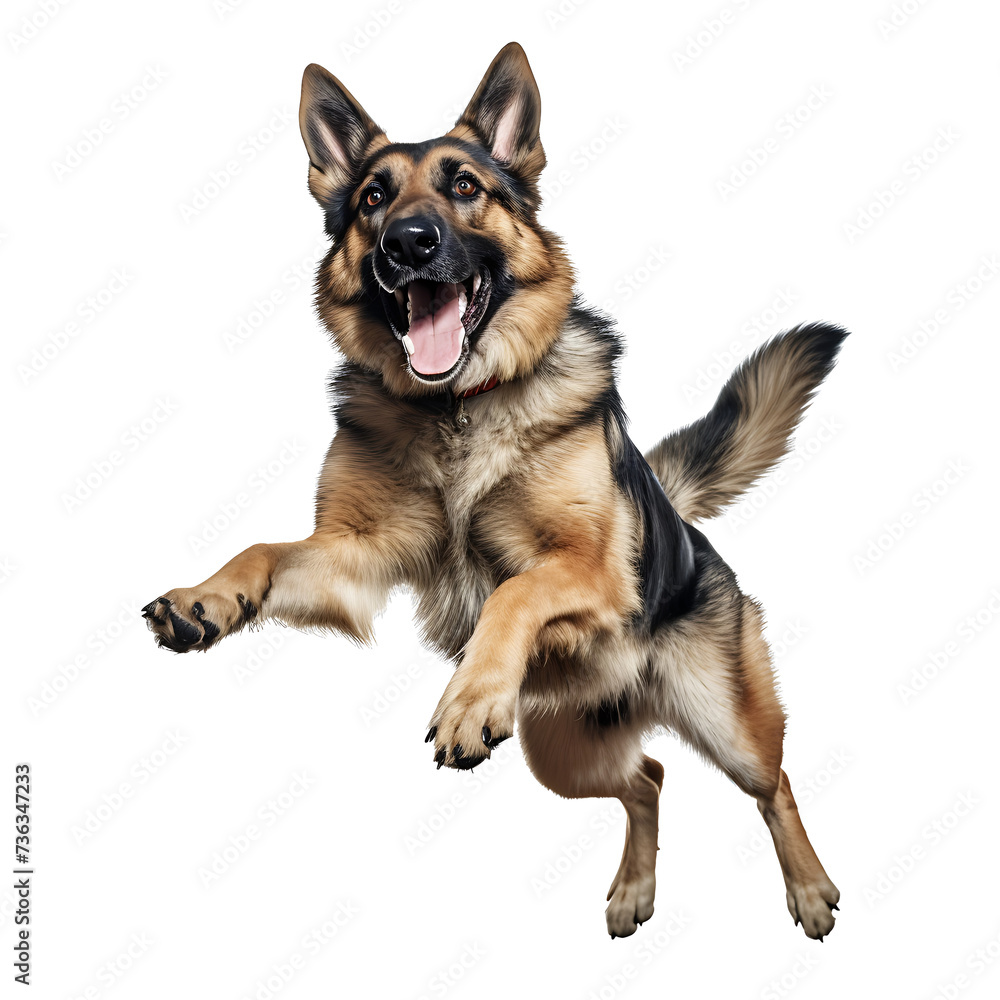 Healthy German Shepherd dogs are running and jumping happily on PNG transparent background.