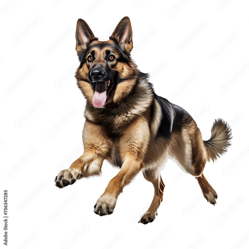 Healthy German Shepherd dogs are running and jumping happily on PNG transparent background.