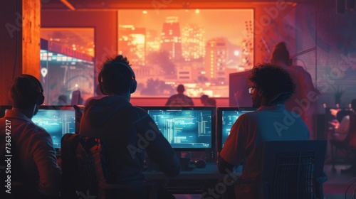 Brutalist product photo of realist people seated in front of a computer, seeing digital ads coming at them, soft ligh