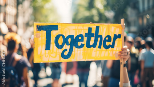Close-up a banner with the powerful slogan "Together", emphasizing the individual's commitment to the cause at the strike