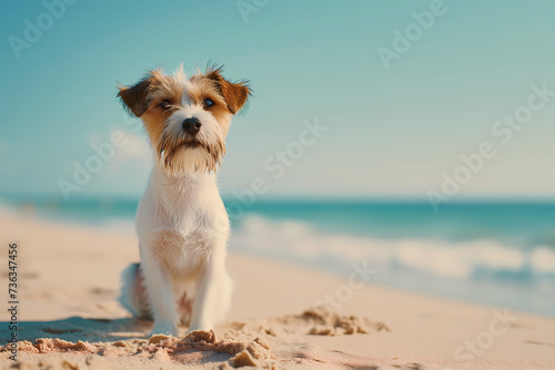  Jack Russell Terrier, assis sur une plage de sable fin.