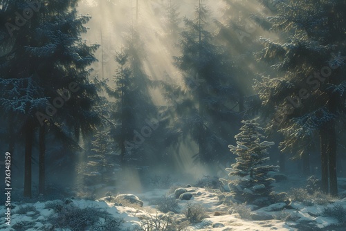 Sunlight filters through the dense pine trees of a winter forest, casting golden rays upon the snowy underbrush and highlighting the serene beauty of the tranquil woodland landscape in the early morni