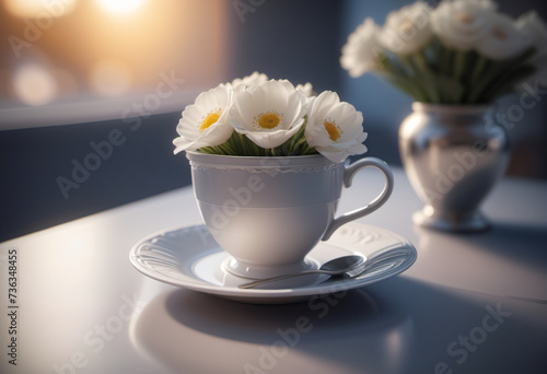 White flowers in a white ceramic coffee cup