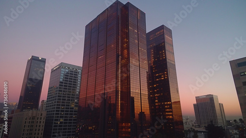 The sunset reflects off the glass facades of urban skyscrapers.