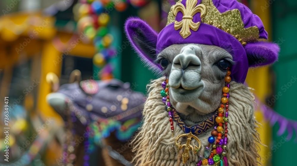 Hieroglyph photo of a pretty llama wearing a peru beanie hat wearing inka necklace wearing fleur de lis earrings listening to the cute new orleans jazz  - obrazy, fototapety, plakaty 