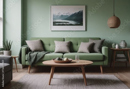 The living room has soft green walls, a comfy green sofa, and modern Scandinavian furniture © Алексей Ковалев