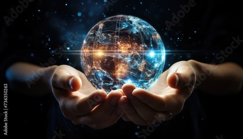 Global connection concept with digital planet in hands © Rehan