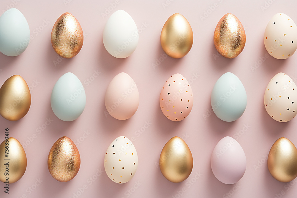 pastel and gold Easter eggs pattern flat lay - obrazy, fototapety, plakaty 