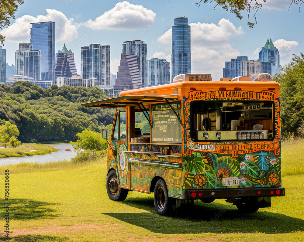 Colorful food truck parked in a city park with a vibrant skyline in the background on a sunny day.