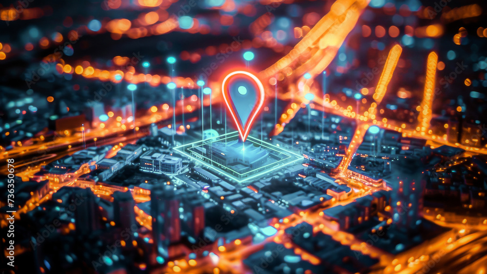 Futuristic city with a glowing location pin symbolizing high-tech GPS and smart navigation technology.