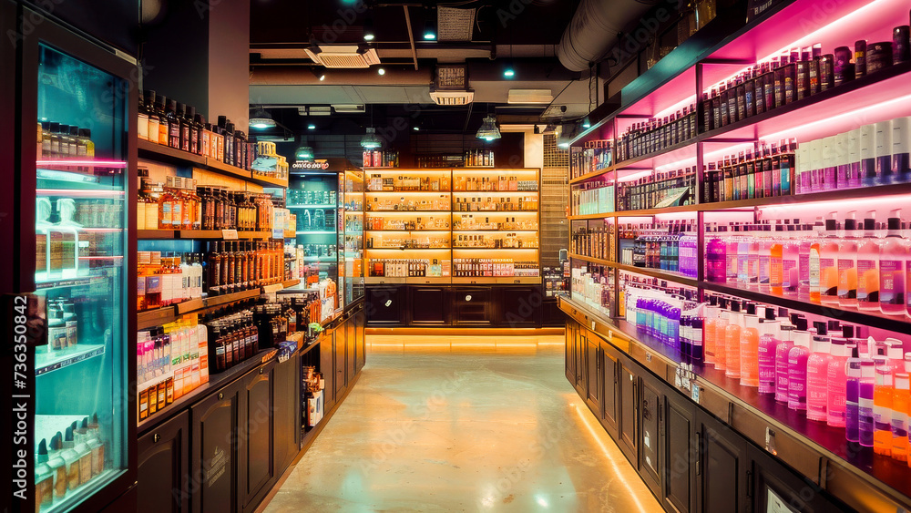 A well-organized beauty store interior with colorful shelves of skincare and haircare products, offering a modern shopping experience.