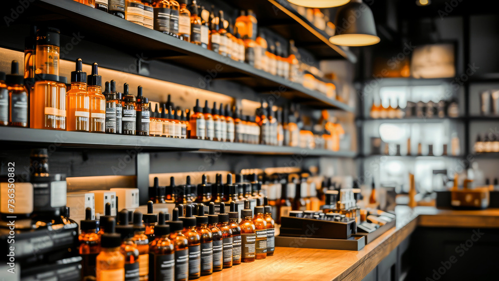 An array of neatly arranged medicine bottles and healthcare products on the shelves of a modern pharmacy store.