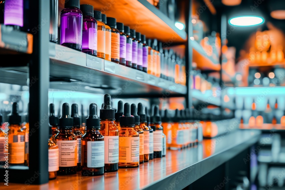 Rows of medicine bottles and essential oils neatly displayed on the shelves of a modern, well-lit pharmacy.