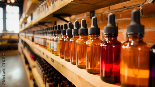 Rows of amber glass dropper bottles on wooden shelves against a brick wall in a vintage apothecary or boutique.
