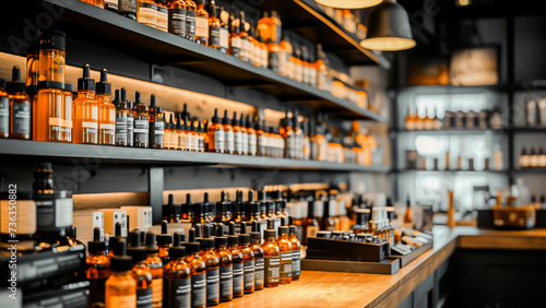 An array of neatly arranged medicine bottles and healthcare products on the shelves of a modern pharmacy store. photo