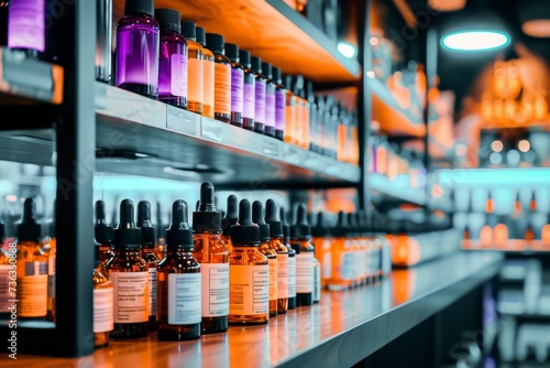 Rows of medicine bottles and essential oils neatly displayed on the shelves of a modern, well-lit pharmacy.