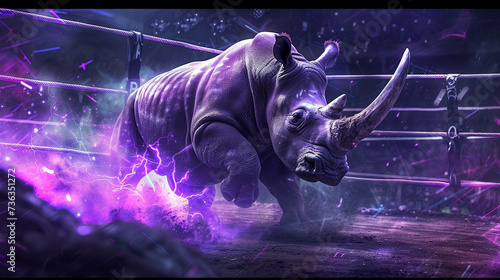 Rhinoceros striker charges under purple thunder in a boxing stadium photo