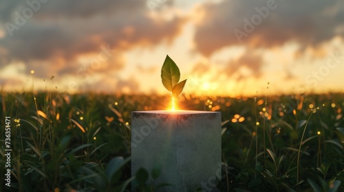 the single cement block in the middle of a flourishing field with a single glowing leaf on the block  photo