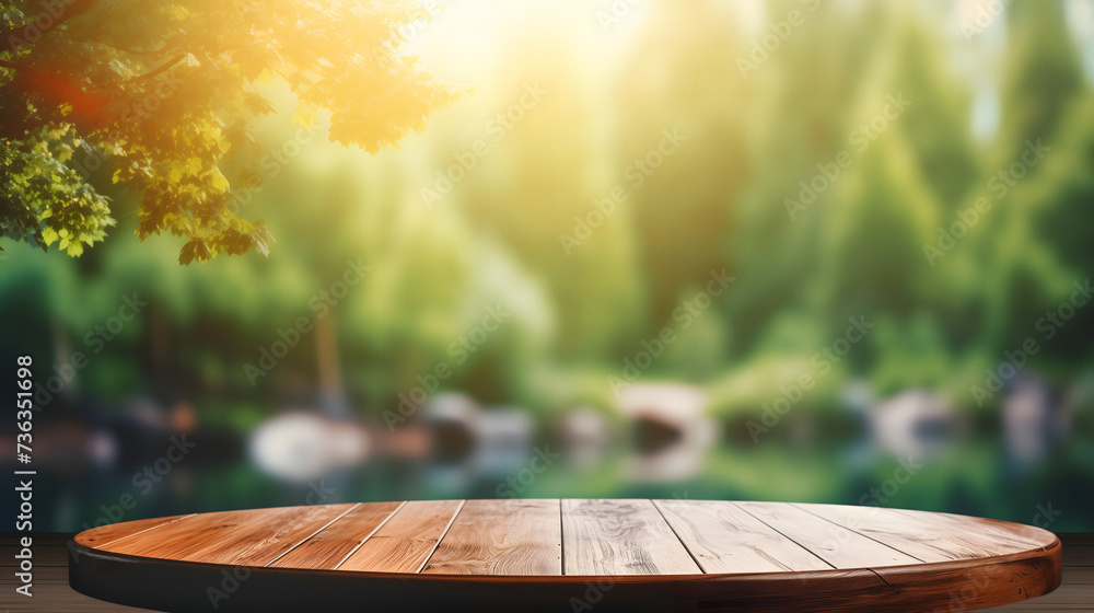 Sunlit Empty Wooden Table on a Tranquil Patio Overlooking a Lush Garden at Sunrise. AI. Sunlit Empty Wooden Table on a Tranquil Patio Overlooking a Lush Garden at Sunrise. AI.