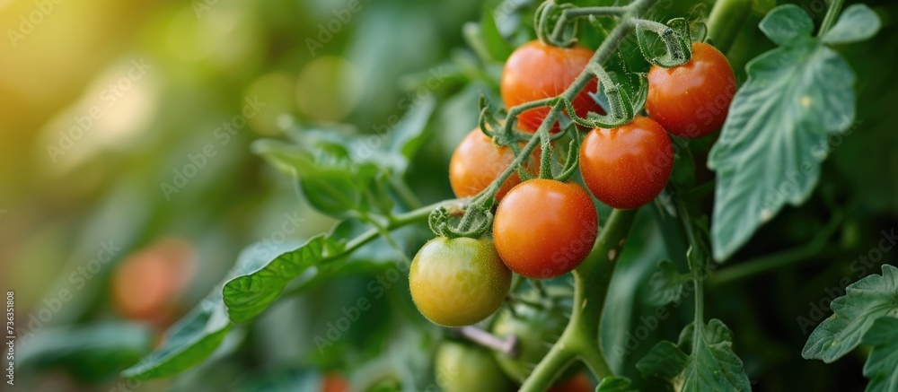 Organic home garden with 'Principe Borghese' variety grape tomatoes growing on vine.