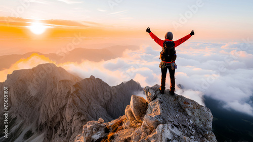 A breathtaking view of a hiker celebrating success at the summit during a colorful sunrise over a cloud-covered mountain landscape.