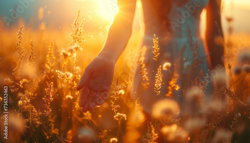 Female hand hanging down and gently touches through the high grass field area against beautiful warm morning light,generative ai