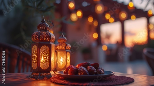 Islam people in ramadhan with a lantern on the mosque, food, happpy vibes, islamic and floating lantern background