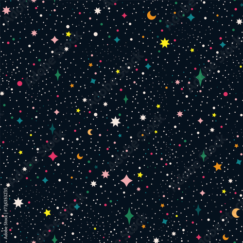 Flat star night sky seamless pattern. Colorful Cosmos pattern with stars. Repeating Space Pattern. Dark Sky with colorful stars. Vector Illustration.