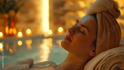 Beautiful young woman relaxing in spa salon. Spa treatment concept.