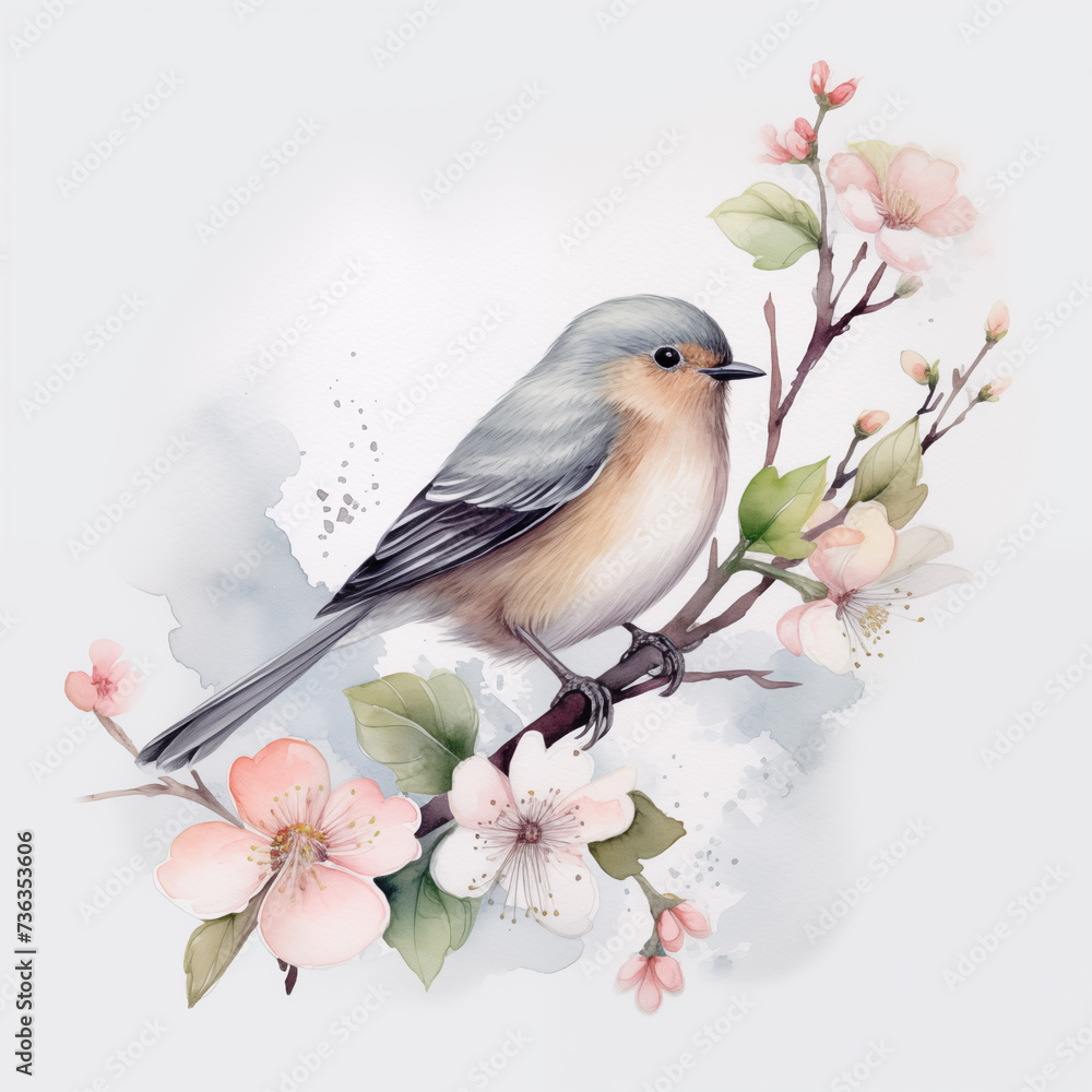 Fototapeta premium watercolor cute robin bird on spring blossom branch. Spring flowers on tree and beautiful bird. Can used for greeting card, invitation, postcard, embroidery template. 