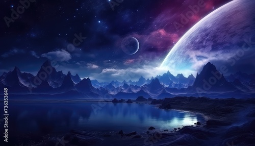 futuristic fantasy night landscape with abstract landscape moonlight shine dark natural © Rehan