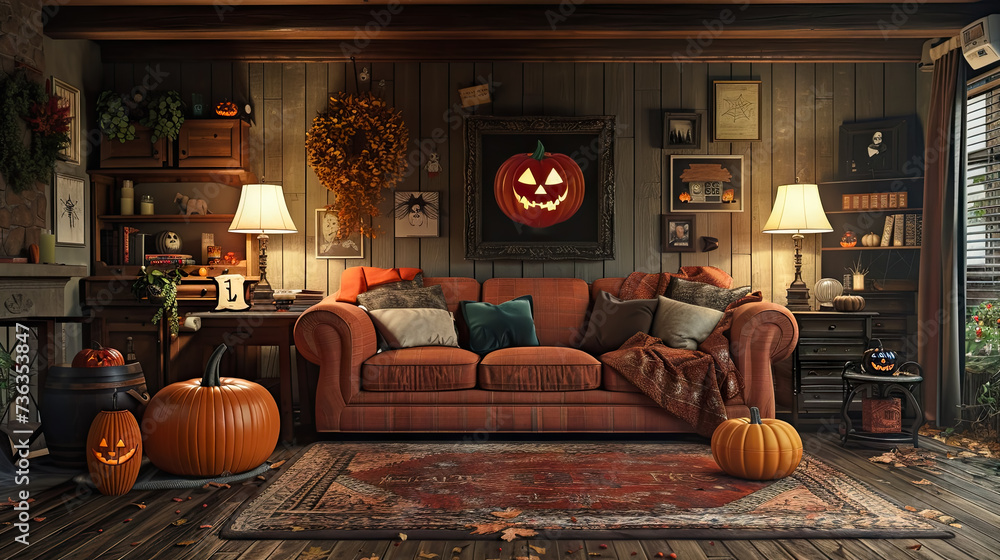 Obraz premium Halloween Pumpkins in decorative creative warm living room, Interior decoration for Halloween - AI Generated