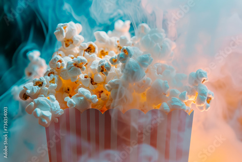 Popcorn Night Lights: A classic striped box overflows with fluffy popcorn, bathed in the ethereal glow of colorful smoke, setting the scene for a captivating movie night.  photo