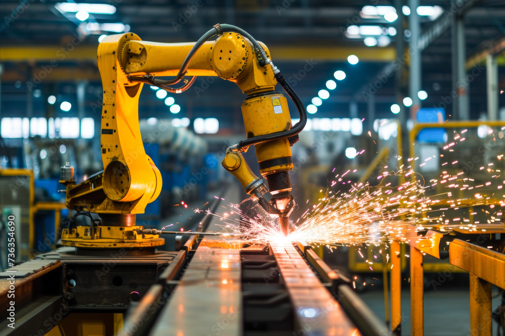 Robotics automatic arm machine welding in intelligent factory automotive industrial, manufacturing concept
