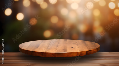 Empty wooden worktop with warm bokeh light in a cozy evening setting. AI.