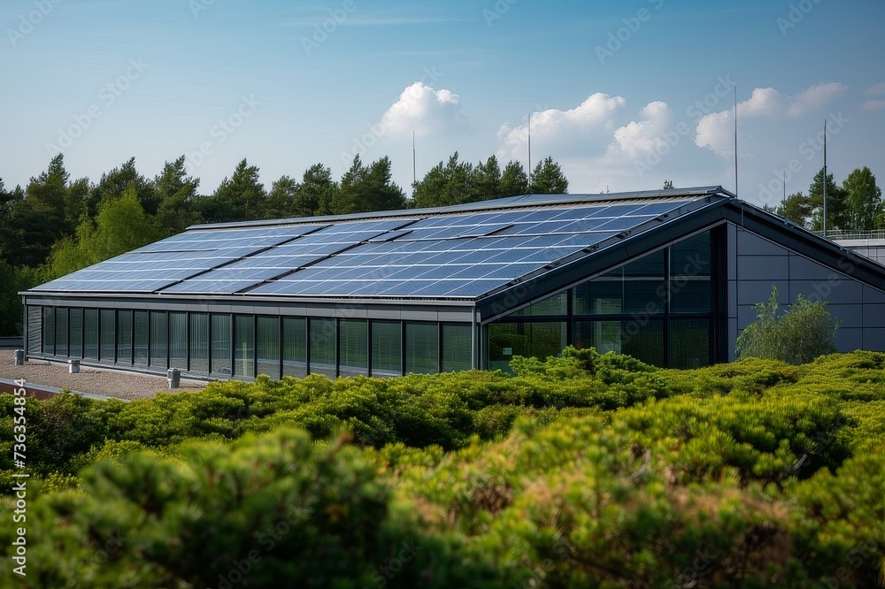 Commercial Building with Solar Panels for Carbon Footprint Reduction and Energy Savings