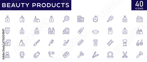 Beauty Products icon set with fully editable stroke thin line vector illustration with skin care, makeup, cosmetics, cream, shopping, lotion, scrub, lipstick, eyeshadow, cleaner, face cream, face wash