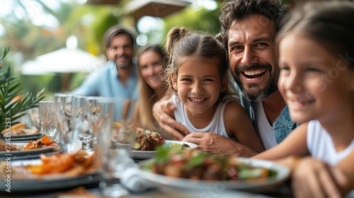 portrait of diverse people having lunch eating outside on a terrace having fun